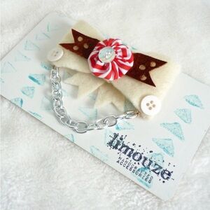 Felt + Leather Bow Circus Pinwheel Brooch - Button & Metal Chain Detail Handmade